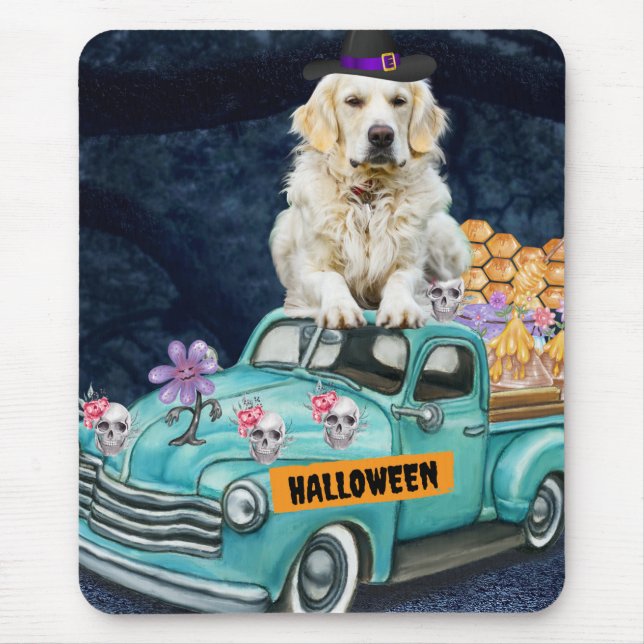 Tapis De Souris Golden Retriever Chien Halloween Camion Effrayant  (Devant)