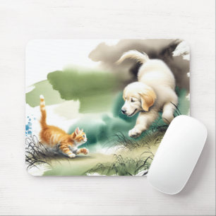 Tapis De Souris Golden Retriever et Ginger Kitten