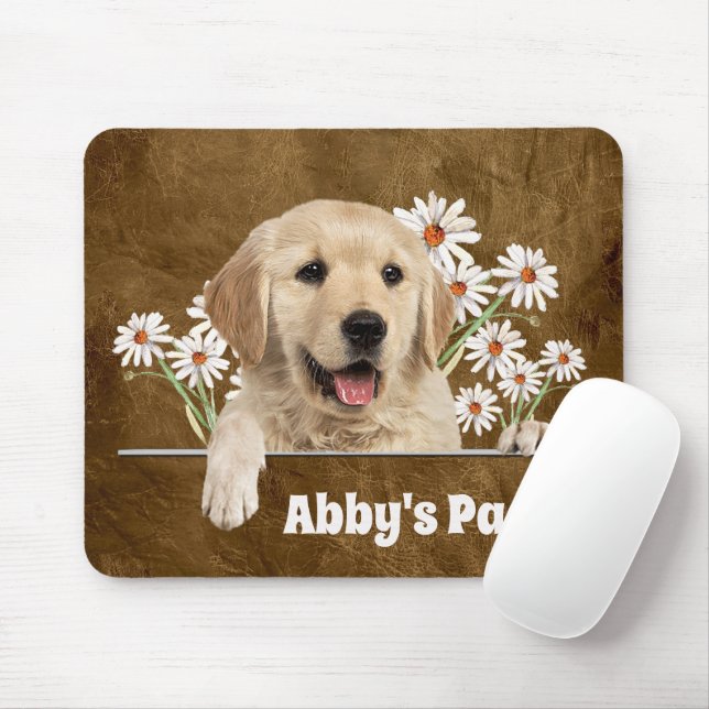 Tapis De Souris Golden Retriever et les marguerites en cuir (Avec souris)