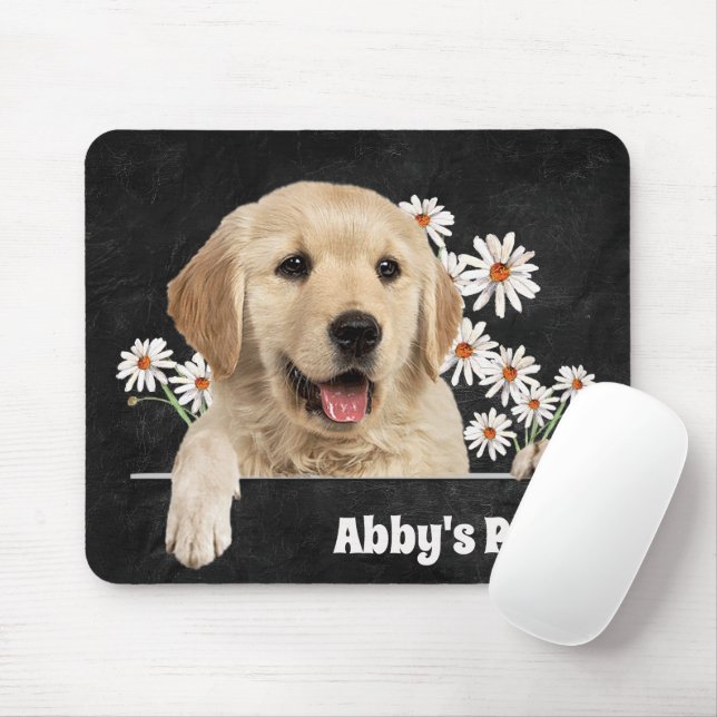 Tapis De Souris Golden Retriever et marguerites en cuir (Avec souris)