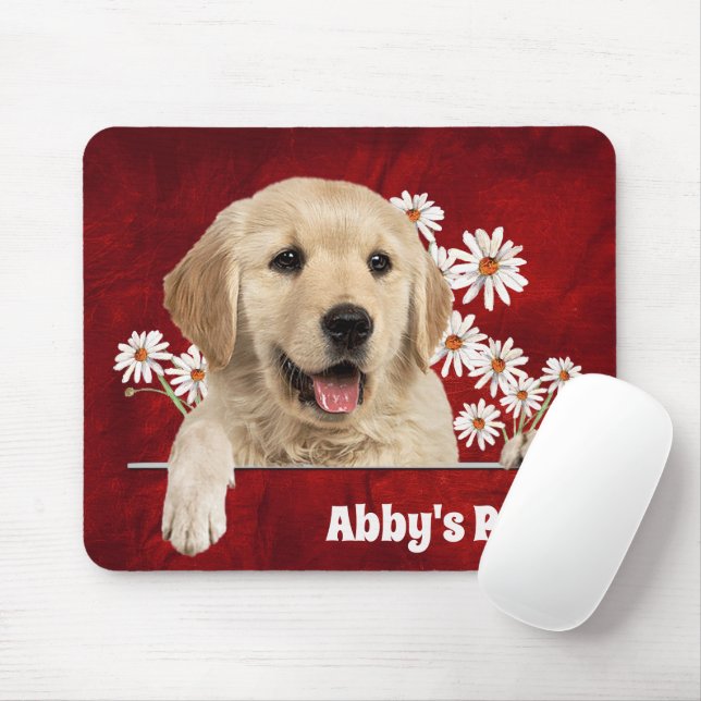 Tapis De Souris Golden Retriever et marguerites en cuir (Avec souris)
