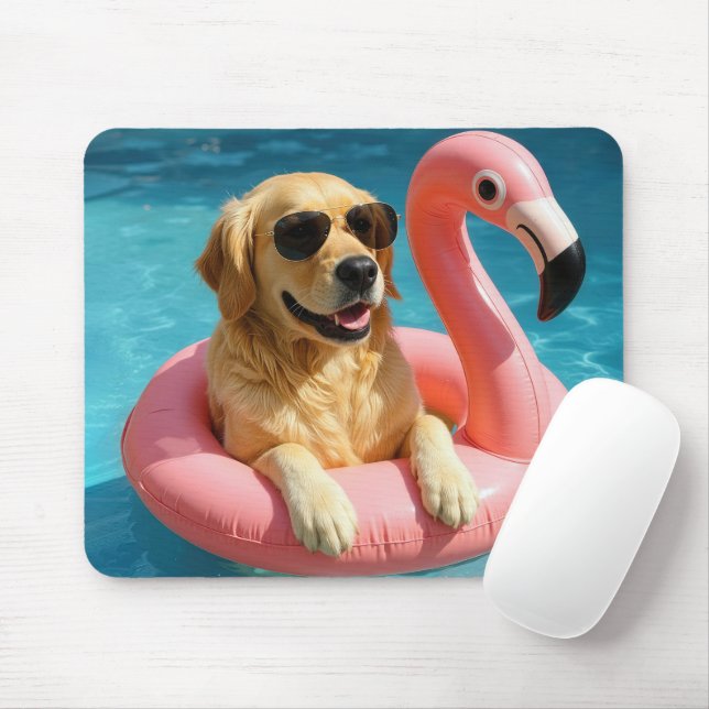 Tapis De Souris Golden Retriever Flottant Avec Flamant Rose (Avec souris)