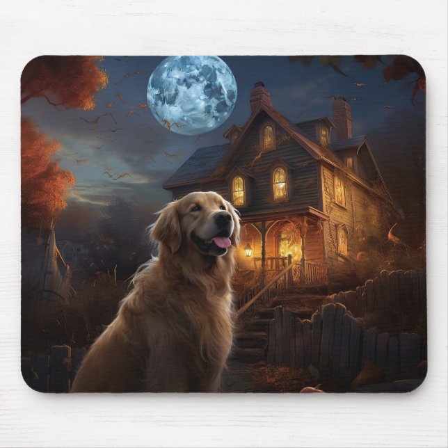 Tapis De Souris Golden Retriever Halloween effroi (Devant)
