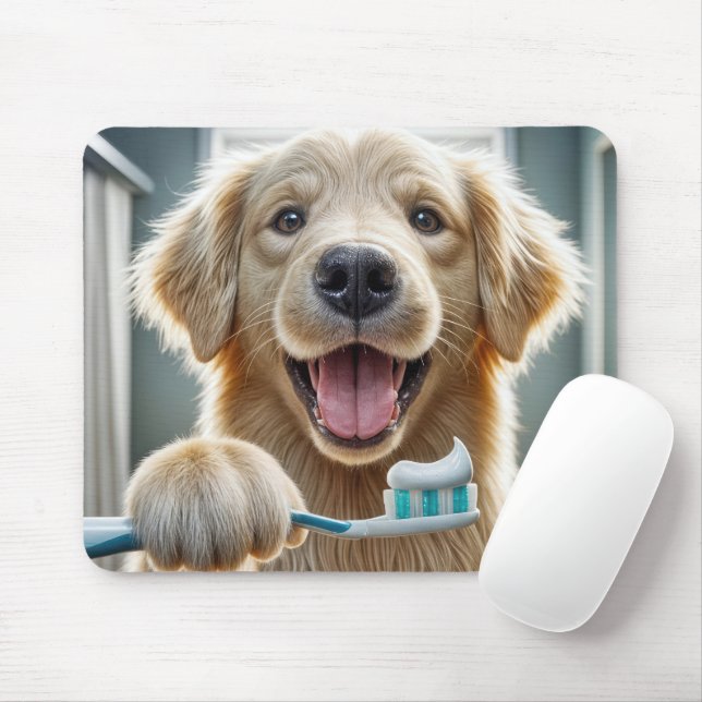 Tapis De Souris Golden Retriever tenant une brosse à dents (Avec souris)