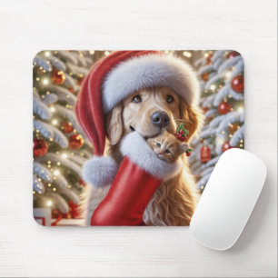 Tapis De Souris Golden Retriever with Ginger Kitten in a Stocking