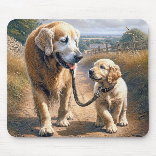 Tapis De Souris Golden Retrievers marchant sur une route de campag (Devant)