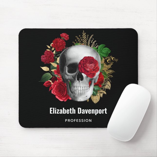 Tapis De Souris Goth Crâne avec Fleurs rouges et Feuilles d'or (Avec souris)