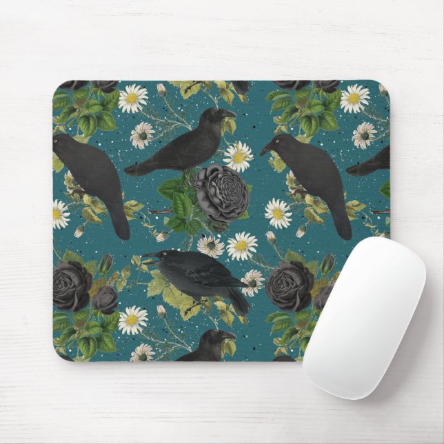 Tapis De Souris Goth Crows et Roses noirs Profond Turquoise Motif (Avec souris)