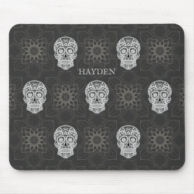 Tapis De Souris Gothic Sugar Skull and Grey Geometric Pattern (Devant)