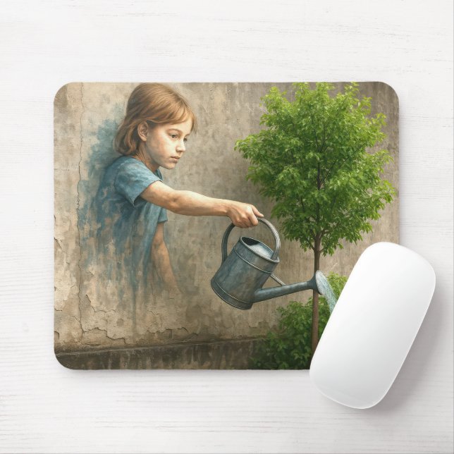 Tapis De Souris Graffiti fille arroser un arbre urbain (Avec souris)