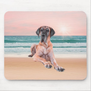 Tapis De Souris Grand Danois mignon personnalisé assis sur la plag