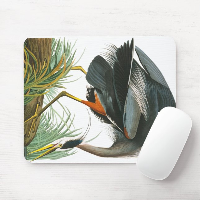 Tapis De Souris Grand héron bleu par John James Audubon (Avec souris)