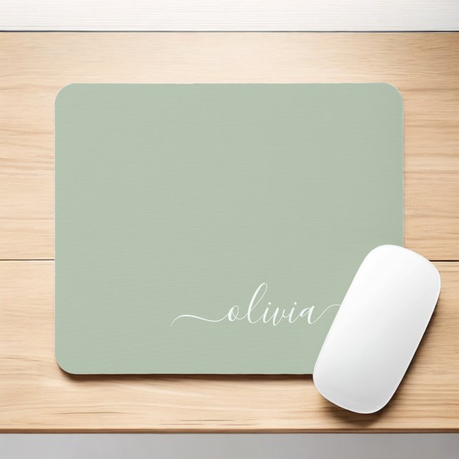 Tapis De Souris Green Sage Girl Script Monogramme Nom Moderne (Créateur téléchargé)