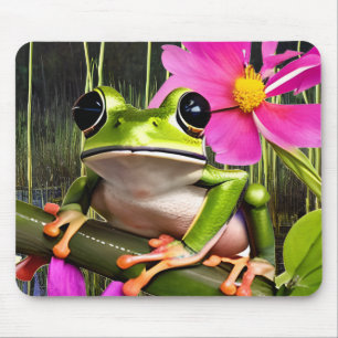 Tapis De Souris Grenouille mignonne sur branche de fleurs roses  