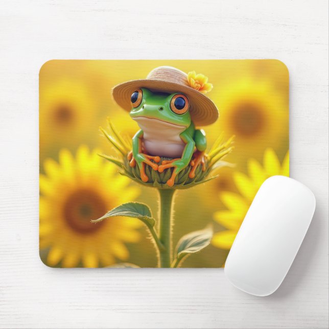 Tapis De Souris Grenouille portant une paille Casquette sur un bou (Avec souris)