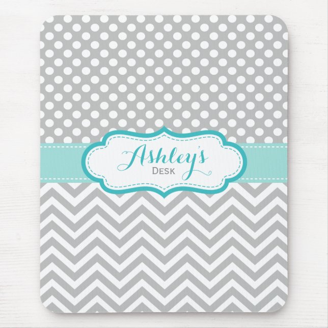 Tapis De Souris Gris et Aqua Motif Pois personnalisé (Devant)