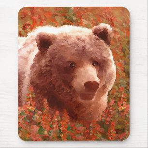 Tapis De Souris Grizzly Bear Cub dans Fireweed Peinture Art de la