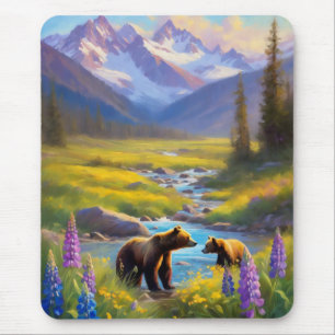 Tapis De Souris Grizzly Oear Mountain Meadow Fleurs sauvages peint