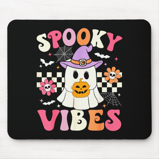 Tapis De Souris Groovy Soky Vibes Retro Ghost Holding Pumpkin Hall (Devant)