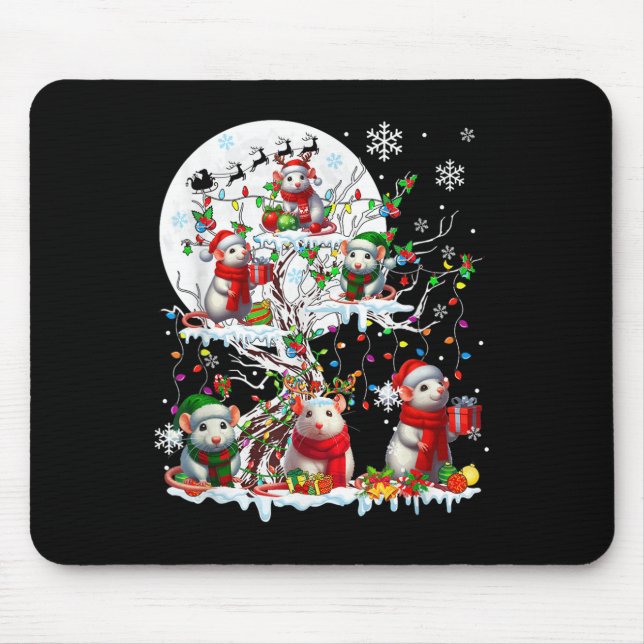 Tapis De Souris Groupe Père Noël Reindeer Elf Rats Sur Arbre Noël  (Devant)