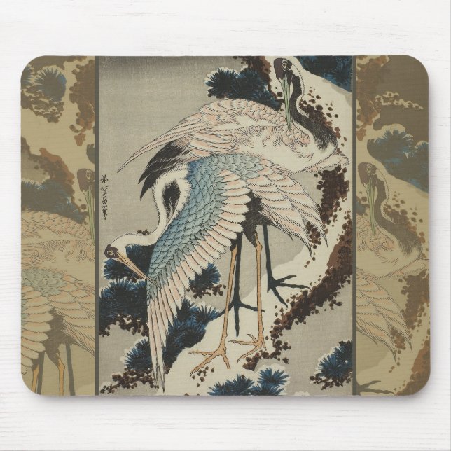 Tapis De Souris Grues sur un pin couvert de neige Hokusai (Devant)