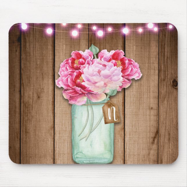 Tapis De Souris Guirlande rose et fleurs en pots Mason Rustique en (Devant)