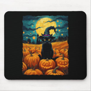 Tapis De Souris Halloween Chat noir Van Gogh Witch Kawaii Citrouil