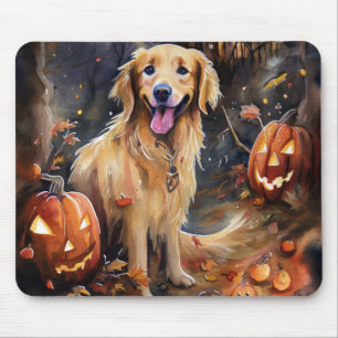 Tapis De Souris Halloween Golden Retriever avec la peur Citrouille
