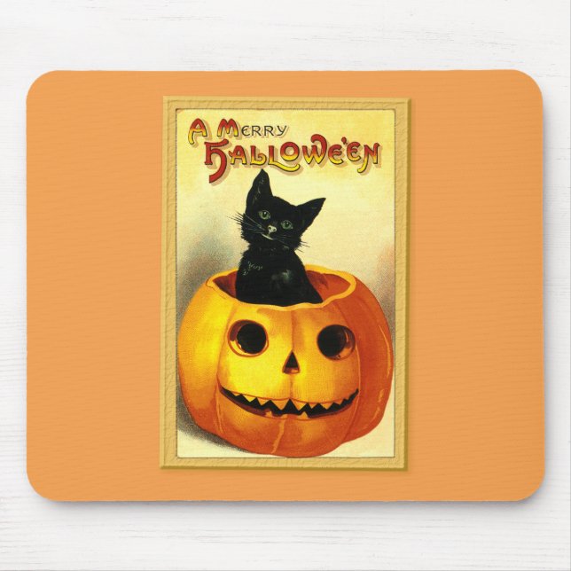 Tapis De Souris Halloween Kitty assis à Jack-o'-lantern (Devant)