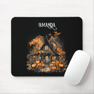 Tapis De Souris Halloween Maison hantée avec Citrouilles & Foliage