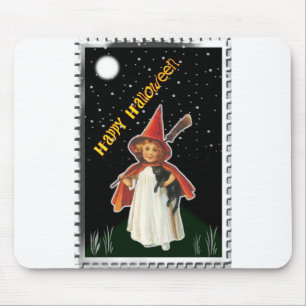 Tapis De Souris Halloween - Petite Fille avec Balai et Chat Noir