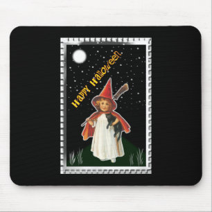 Tapis De Souris Halloween - Petite Fille avec Balai et Chat Noir