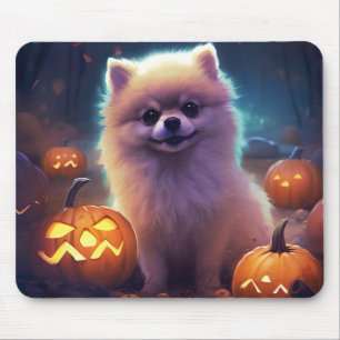 Tapis De Souris Halloween Poméranien Avec La Peur Citrouille