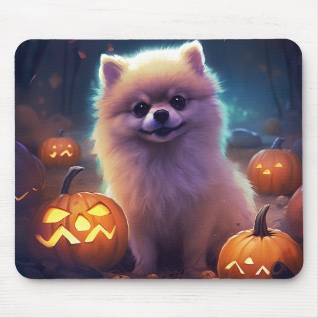 Tapis De Souris Halloween Poméranien Avec La Peur Citrouille (Devant)