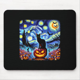 Tapis De Souris Halloween Van Gogh Starry Night Chat noir Citrouil