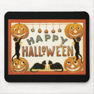 Tapis De Souris Halloween vintage, chats noirs avec des citrouille