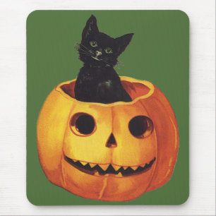 Tapis De Souris Halloween vintage, joli chat noir dans une citroui