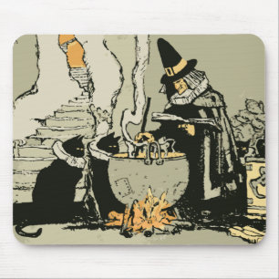 Tapis De Souris Halloween vintage, sorcière avec chaudron et chats