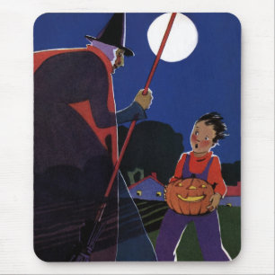 Tapis De Souris Halloween vintage, sorcière effrayante avec garçon
