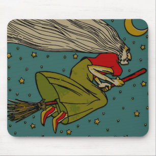 Tapis De Souris Halloween vintage, sorcière maléfique volant sur u