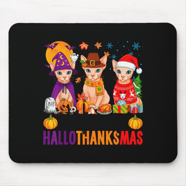Tapis De Souris Happy Hallothanksmas Sphynx Cats Halloween Thanksg (Devant)
