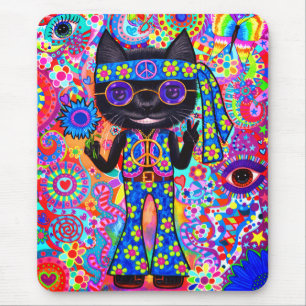 Tapis De Souris Happy Hippie Cat Sunglasses Peace Sign Flower