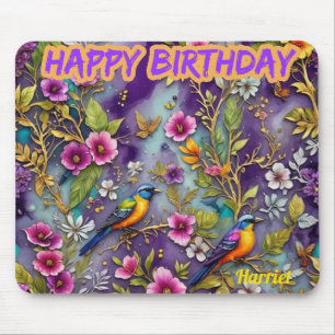 Tapis De Souris HARRIET ~ Oiseaux Fleurs ~ Salut d'anniversaire ~