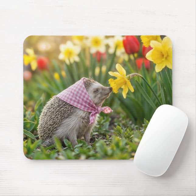 Tapis De Souris Hedgehog Smelling a Yellow Daffodil (Avec souris)