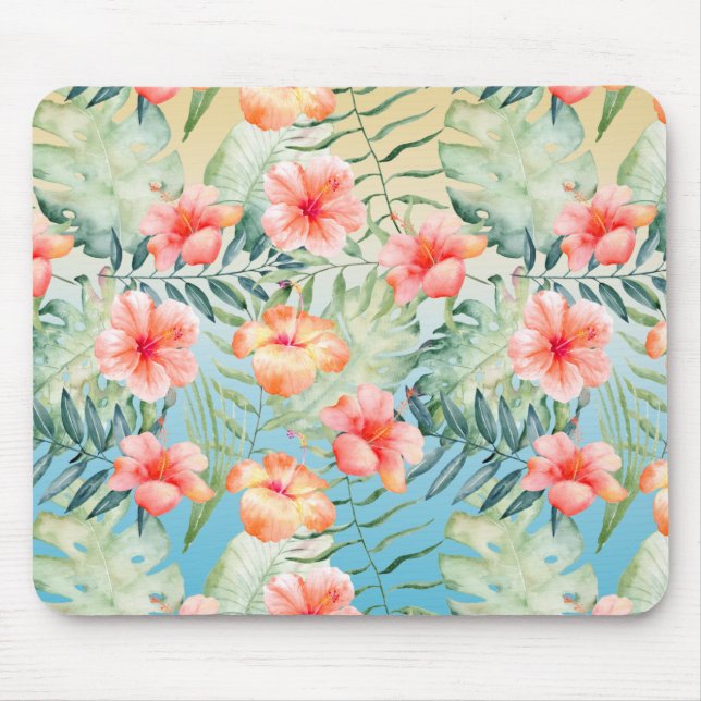 Tapis De Souris Hibiscus Floral de Pêche Rose Aqua Jaune (Devant)