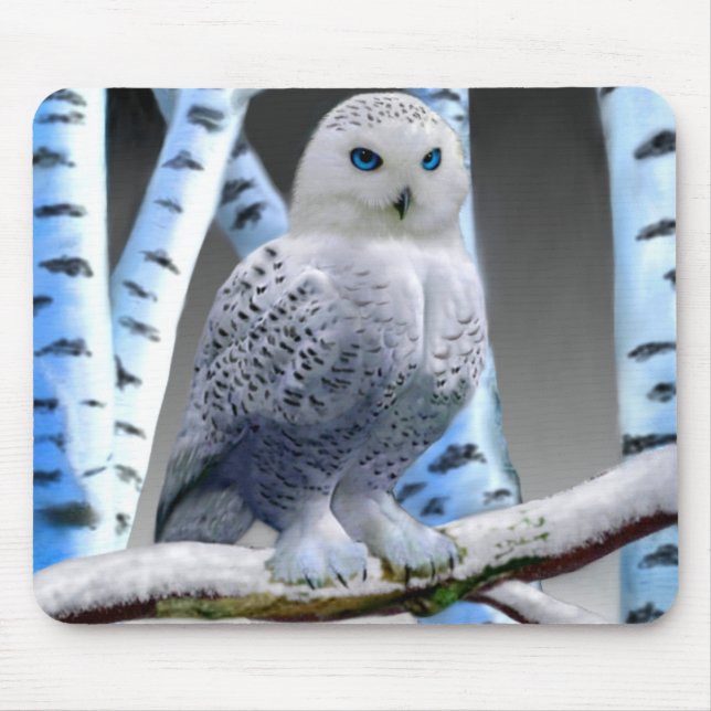 TAPIS DE SOURIS HIBOU AUX YEUX BLEUS DE NEIGE (Devant)