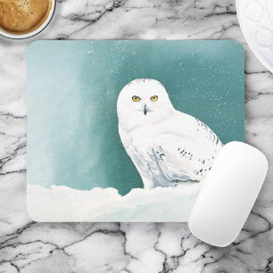 Tapis De Souris Hibou blanc ciel arctique hiver neige sarcelle