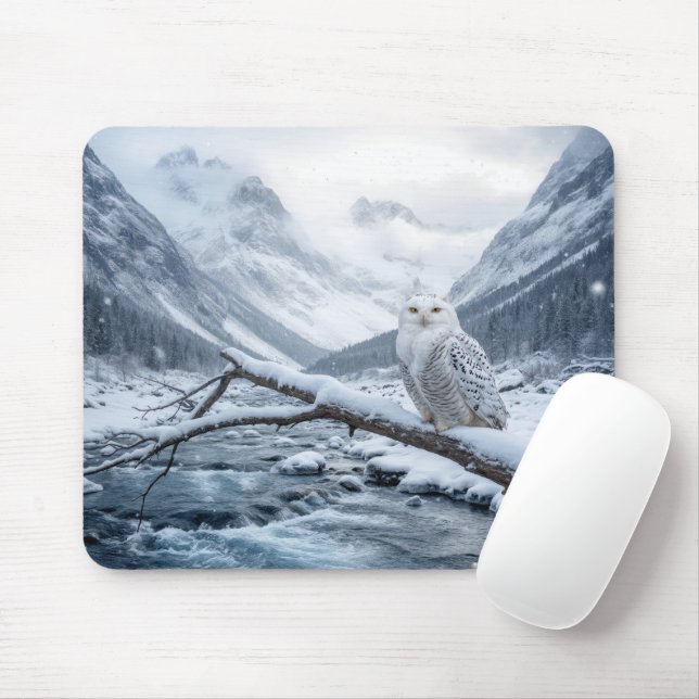 Tapis De Souris Hibou Blanc Sur une Branche d'Arbre en Hiver (Avec souris)