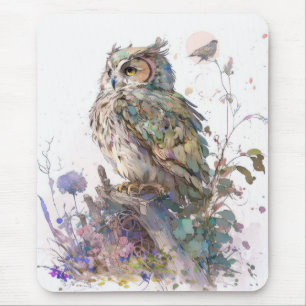 Tapis De Souris Hibou Portrait animal Peinture de la faune Forêt f