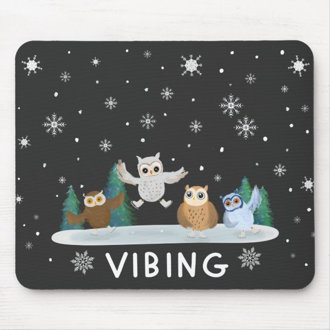 Tapis De Souris Hiboux d'hiver patinant en hiver vibant (Devant)